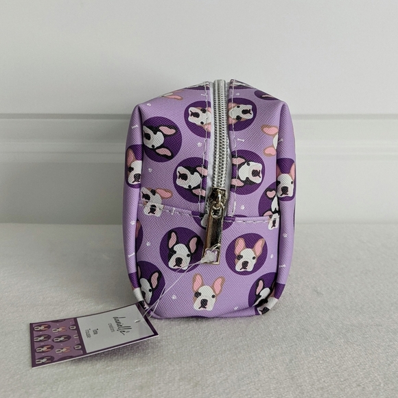 Boston Terrier Frenchie Cosmetic Bag Case Saffiano Vinyl Purple Lined NWT - Picture 4 of 13